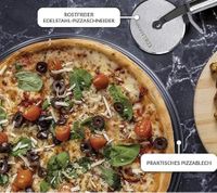 hitzebeständiges EDELMANN Pizza-Set Pizza-Stein mit Pizza-Schneider und Blech 38x30cm Schwarz/Weiß