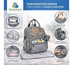 bloomborn Baby Wickeltasche Rucksack für Eltern Großer Wickelrucksack mit Wickelunterlage und isolierten Flaschenhaltern Schnullerhalter & Kinderwagenbefestigung Grau
