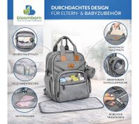 bloomborn Baby Wickeltasche Rucksack für Eltern Großer Wickelrucksack mit Wickelunterlage und isolierten Flaschenhaltern Schnullerhalter & Kinderwagenbefestigung Grau