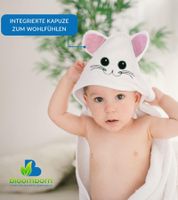 Kuschelweiches bloomborn Baby Badetücher Set Kapuzen-Handtuch mit Katzenmotiv inkl. 2x Waschhandschuh Baumwoll-Badetuch 75 x 75cm Weiß