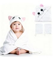 Kuschelweiches bloomborn Baby Badetücher Set Kapuzen-Handtuch mit Katzenmotiv inkl. 2x Waschhandschuh Baumwoll-Badetuch 75 x 75cm Weiß
