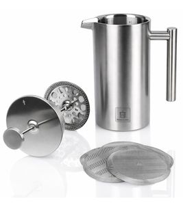 Barista’s Choice French Press Stainless Steel Coffee Maker, Double-Walled Insulated – Press Filter Coffee Maker for Aromatic Coffee, 1 Liter, Silver