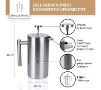 Barista’s Choice French Press Stainless Steel Coffee Maker, Double-Walled Insulated – Press Filter Coffee Maker for Aromatic Coffee, 1 Liter, Silver