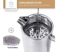 Barista’s Choice French Press Stainless Steel Coffee Maker, Double-Walled Insulated – Press Filter Coffee Maker for Aromatic Coffee, 1 Liter, Silver