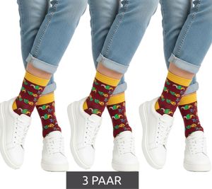 Lot de 3 paires de chaussettes hautes Moustard Mardi Gras en coton, motif arlequin et bonnet de bouffon, coloris jaune/rouge foncé/jaune (réf. 17S-MGRASS-M)