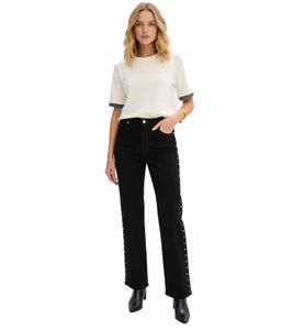 Pantalon en twill noir extravagant pour femme, coupe moderne et slim, orné de rivets, réf. 974561