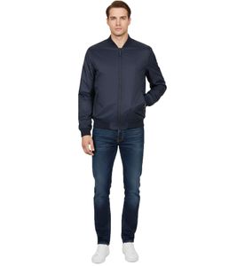 Maserati Men's Bomber Jacket with Maxi Trident Logo Print, Motorsport Autumn Jacket, Dark Blue