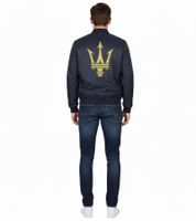 Maserati Men's Bomber Jacket with Maxi Trident Logo Print, Motorsport Autumn Jacket, Dark Blue