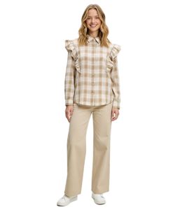 Camicetta estiva a quadri da donna alla moda con volant 976369 Beige/Marrone