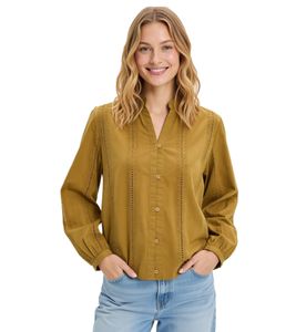 Elegante Damen Bluse aus Baumwolle mit dezenten Lochstickereien Sommer-Shirt 958392 Khaki