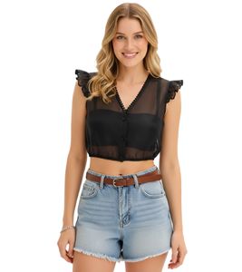 kurzärmlige Damen Bluse transparent mit Ballon-Saum und Rüschen-Ärmeln Sommer-Shirt 933930 Schwarz