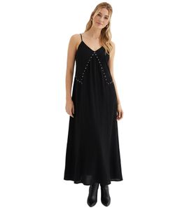 Comfortable Women's Maxi Dress, Flared Cotton Dress with Spaghetti Straps 905163 Black