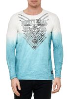 Maglietta da uomo a maniche lunghe con gradiente di colore e stampa frontale, vestibilità slim, girocollo, maglietta a maniche lunghe in look lavato, 10148 Petrol