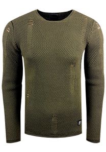 Pull homme moderne en maille texturée, coupe ajustée, effet usé, réf. 13249 Kaki