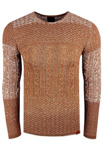 Pull classique pour homme en maille torsadée, coupe ajustée, col rond, motif texturé, 13265 Camel