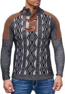 Pull homme en maille contrastée, col montant et fermeture à brandebourg. Modèle 13285 Noir/Blanc