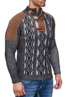 Pull homme en maille contrastée, col montant et fermeture à brandebourg. Modèle 13285 Noir/Blanc