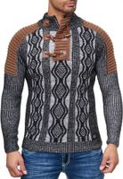 Pull homme en maille contrastée, col montant et fermeture à brandebourg. Modèle 13285 Noir/Blanc