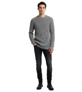 Pull motard urbain pour homme, col rond, style délavé moderne avec détails usés 13293 Gris