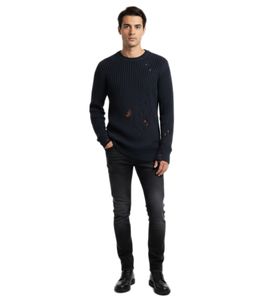 Pull en maille style motard urbain pour homme, col rond, effet usé moderne, réf. 13293 Marine