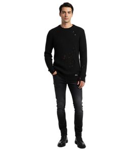 Pull en maille style motard urbain pour homme, col rond, look délavé moderne avec détails usés 13296 Noir