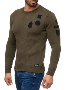 Pull homme tendance à col rond avec écussons, en maille style militaire 13297 Kaki