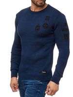 Pull homme tendance à col rond avec écussons, en maille style militaire 13297 Bleu marine
