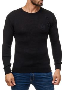 Pull homme tendance à col rond avec écussons, en maille style militaire 13297 Noir