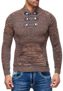 Pull homme en grosse maille texturée, col montant et fermeture à col. Modèle 13299 Camel.
