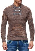 Pull homme en grosse maille texturée, col montant et fermeture à col. Modèle 13299 Camel.