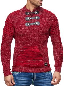 Pull homme en grosse maille texturée, col montant et fermeture au col. Modèle 13299 rouge.
