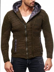 Veste en maille moderne pour homme, avec capuche et fermeture éclair asymétrique, style motard, sweat à capuche en maille kaki 13302