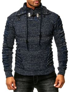 Pull homme en grosse maille, col montant et fermeture à col. Maille texturée à effet froncé. 13320 Petrol