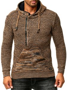 Pull à capuche sportif pour homme, demi-zip, maille texturée, réf. 13323, marron