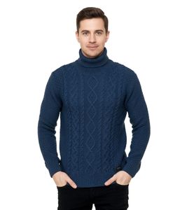 Pull col roulé en grosse maille pour homme, orné d'un motif, référence 13348, couleur pétrole.