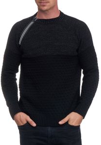 Pull décontracté pour homme en maille, fermeture éclair latérale et col rond texturé, réf. 13359 Noir