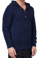 Straordinario pullover da uomo in maglia grossa con cappuccio, abbottonatura e lavorazione a trecce, maglione con cappuccio in maglia 13385 Indigo