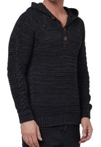 Straordinario pullover da uomo in maglia grossa con cappuccio, abbottonatura e lavorazione a trecce, maglione con cappuccio in maglia 13385 Nero