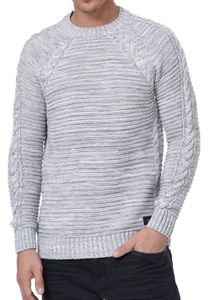 Pull homme moderne en grosse maille, col rond, coupe ajustée, orné de torsades (réf. 13386, gris).