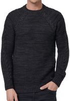 Pull homme moderne en grosse maille, col rond, coupe ajustée, orné de torsades (réf. 13386, noir).