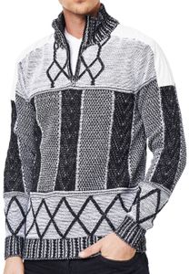 Pull homme unique en maille, col montant, coupe classique, motif 13388 Noir/Blanc