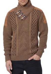Trendiger Herren Stehkragen-Pullover mit Zopfmuster Grobstrick-Sweater 13391 Camel