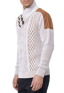 Pull homme tendance à col montant et maille torsadée, grosse maille blanche 13391