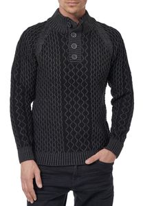 Pull homme en maille texturée, col montant et patte de boutonnage. Modèle contrastant. 13394 Anthracite