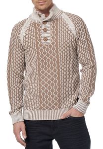 Striking men's knit sweater with stand-up collar and button placket. Contrast sweater in textured knit. 13394 Beige