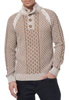 Striking men's knit sweater with stand-up collar and button placket. Contrast sweater in textured knit. 13394 Beige