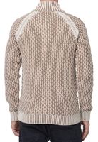 Striking men's knit sweater with stand-up collar and button placket. Contrast sweater in textured knit. 13394 Beige