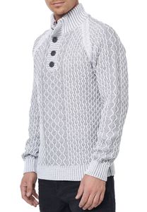 Pull homme en maille texturée, col montant et patte de boutonnage. Modèle contrasté. 13394 Blanc