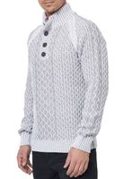 Pull homme en maille texturée, col montant et patte de boutonnage. Modèle contrasté. 13394 Blanc