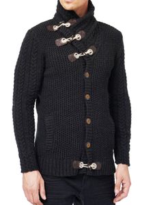 Gilet cardigan pour homme en grosse maille, col montant et fermeture à brandebourgs, couleur anthracite (réf. 13418).